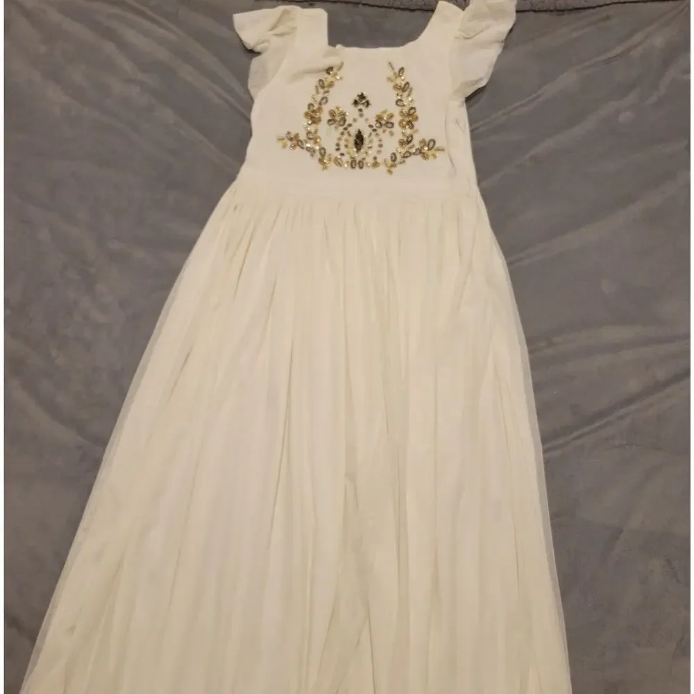 Mia Joy Girls Ivory Maxi Dress With Gold Embellished Bodice Flutter Sleeves & Fl - Picture 9 of 16